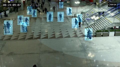 Facial recognition technology scan and detect people face for identification in Video stock 195549103