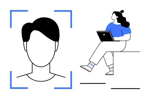 Facial Recognition Technology with Woman Using Laptop in Minimalist Design Illustrazione stock