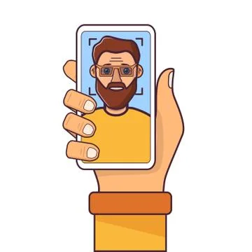 Facial recognition.Face ID.Human hand holding smartphone.Man young with a bea Stockillustratie