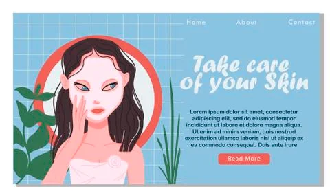 Facial sheet mask landing page. Woman using a mask for her skin. Vector illus Stock Illustration