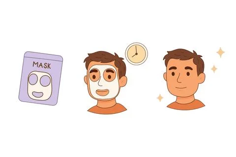 Facial sheet mask steps for men cartoon style 스톡 일러스트