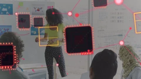 Facilitator moving sticky notes while tapping card, causing red node overlay for Stock Footage 333552578