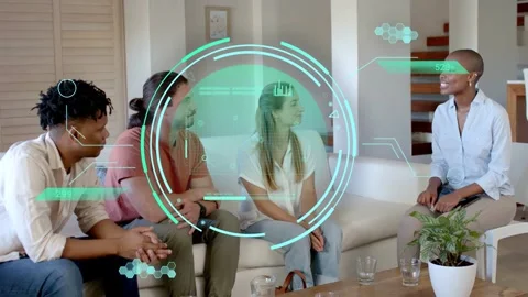 Facilitator opening tablet and leading business consulting in living room, HUD Stock Footage 333221330