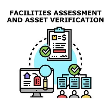 Facilities assessment and asset verification process illustration Illustrazione stock