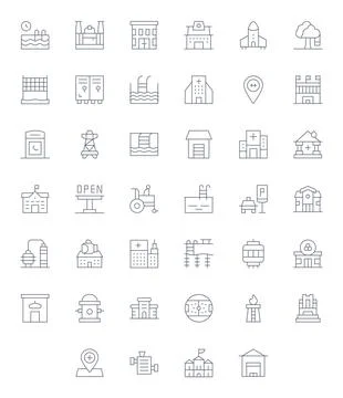 Facility High Resolution Vector Icon Pack with 40 Thin Line Editable Elements Stock Illustration