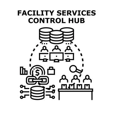 Facility services control hub managing operations system Stock Illustration
