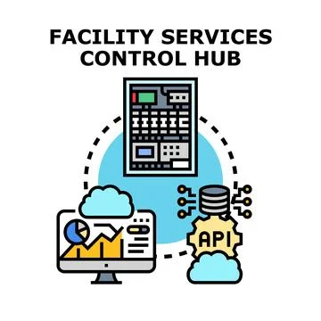 Facility services control hub network management concept 库存插图