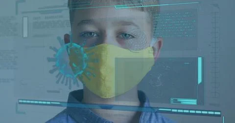 Facing camera boy wearing yellow protective face mask in virtual lab, with 3D Stock Photos