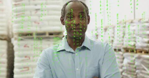 Facing camera man wearing light-blue shirt in warehouse, with sacks pallets and Stock Photos