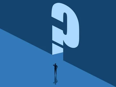 Facing new problems and obstacles, man with a question mark door Stock Illustration