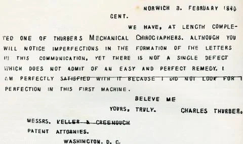 Facsimile Of Part Of The First Letter Ever Typewritten, Executed On The Thurb Foto stock