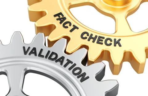 Fact check and Validation, interlocking gears. 3D rendering Stock Illustration