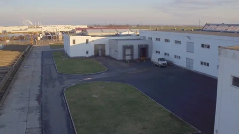 Factory Aerial View Above Drone Sky Industrial Outside Suburbs Stockbeeldmateriaal 128486156