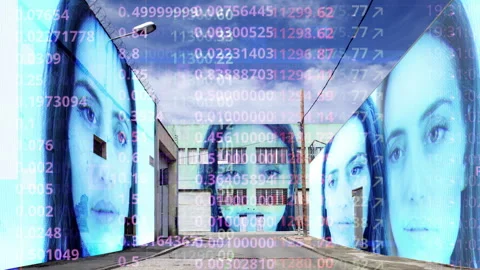 Factory and industrial complex with passing clouds and fae scan woman Stock Footage 316626191