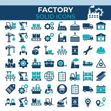 Factory and industry solid icons collection featuring logistics, manufactur.. Ilustración de archivo