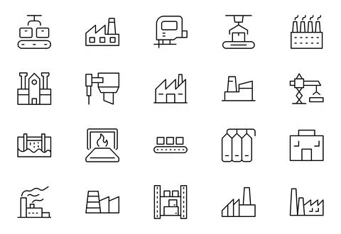 Factory and Machine Icons Collection: A Versatile Set for Industrial Design.. Stock Illustration