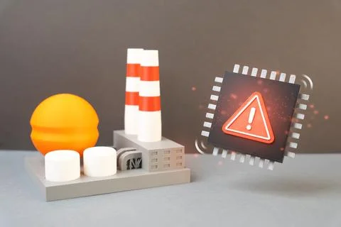 A factory and problems with microchips affecting industrial growth and modern Stock Photos