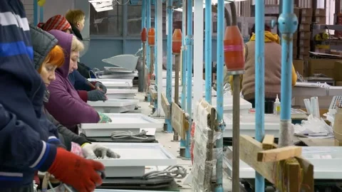 Factory assembly line assembly of electric heaters by hand. Stock Footage 269673771