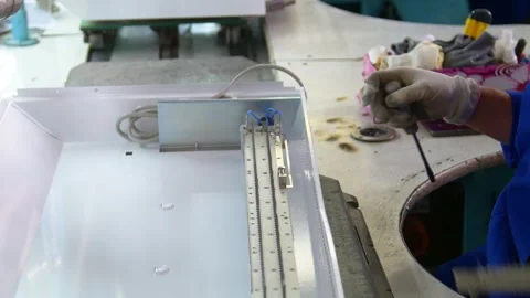 Factory assembly line assembly of electric heaters by hand. Stock Footage 277339896