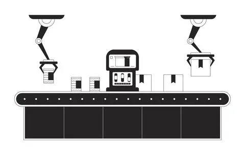 Factory assembly line boxes black and white 2D line cartoon object Stock Illustration