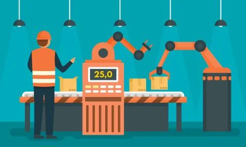 Factory assembly line concept background, flat style Illustrazione stock