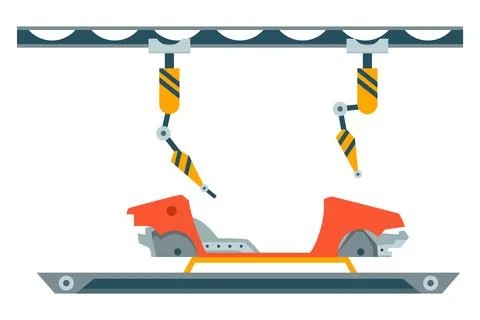 Factory assembly line. Industry robot arm assemble car on conveyor belt Stockillustratie