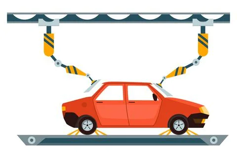 Factory assembly line. Industry robot arm assemble car on conveyor belt Stock Illustration
