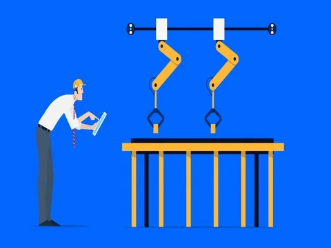 Factory Automation. Robot hands controlled by skilled laborer with tablet PC. Stock Footage 69981870