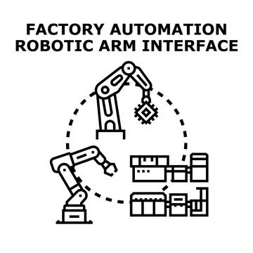 Factory automation robotic arm assembling microchip Ilustración de archivo