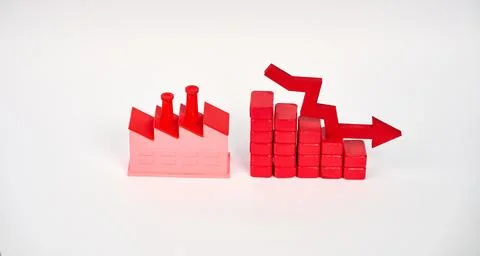 Factory beside declining block chart and arrow for production decline Stock Photos