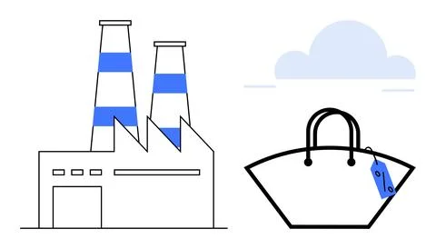 Factory with Blue Smoke Stacks Next to Designer Handbag with Price Tag Unde.. Stock Illustration