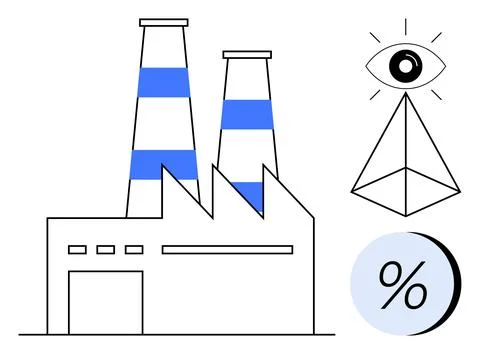 Factory building with blue striped chimneys, an eye above a pyramid, and perc Ilustración de archivo