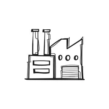 Factory Building with Chimneys Hand Drawn Doodle Vector Illustration Illustrazione stock