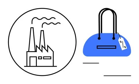 Factory building with chimneys inside a circle, blue handbag with tag. Ideal  Stock Illustration