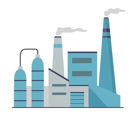 Factory building facade. Flat illustration vector.Smoke from the pipes. Ilustración de archivo