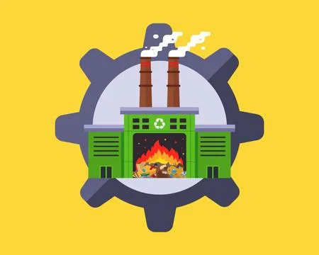 Factory building inside the gears on a yellow background. Stock Illustration