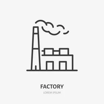 Factory building line icon, vector pictogram of heavy industry. Plant with smoke Ilustración de archivo