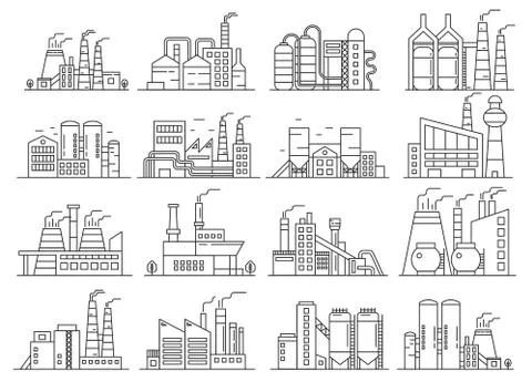 Factory building line style set. Indistrial construction and commercial Ilustración de archivo