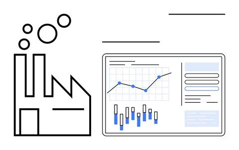 Factory building next to data analytics screen showing graphs and charts re.. Ilustración de archivo