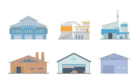 Factory building set collection with various type and model with modern flat  Illustrazione stock