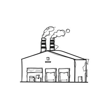 Factory Building with Two Striped Chimneys and Smoke Hand Drawn Vector Ilustración de archivo