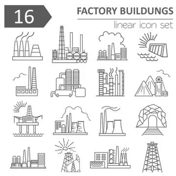 Factory buildings icon set. Thin line icon design Illustrazione stock