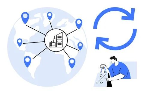 Factory in center of world map connected to multiple location pins, person re Stock Illustration