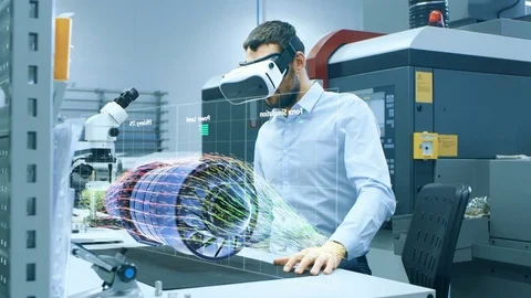 Factory Chief Engineer Wearing VR Headset Designs Engine Turbine. Stock Footage