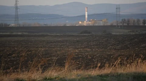 Factory Chimney on Burned Field Stock Footage 49029545