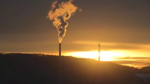 Factory chimney smoke pollution sunset detail close-up Stock Footage 148334241