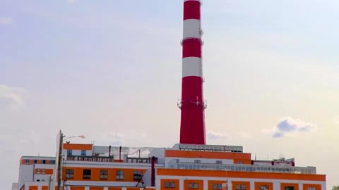 Factory chimney stack red and white in Brest Belarus. Stock Footage 313791281