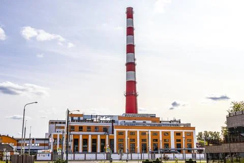 Factory chimney stack red and white in Brest Belarus. Stock Photos