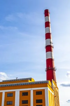 Factory chimney stack red and white in Brest Belarus. Stock Photos