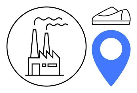 Factory with Chimneys Inside Circle, Shoe Icon and Location Pin on White Ba.. Stock Illustration